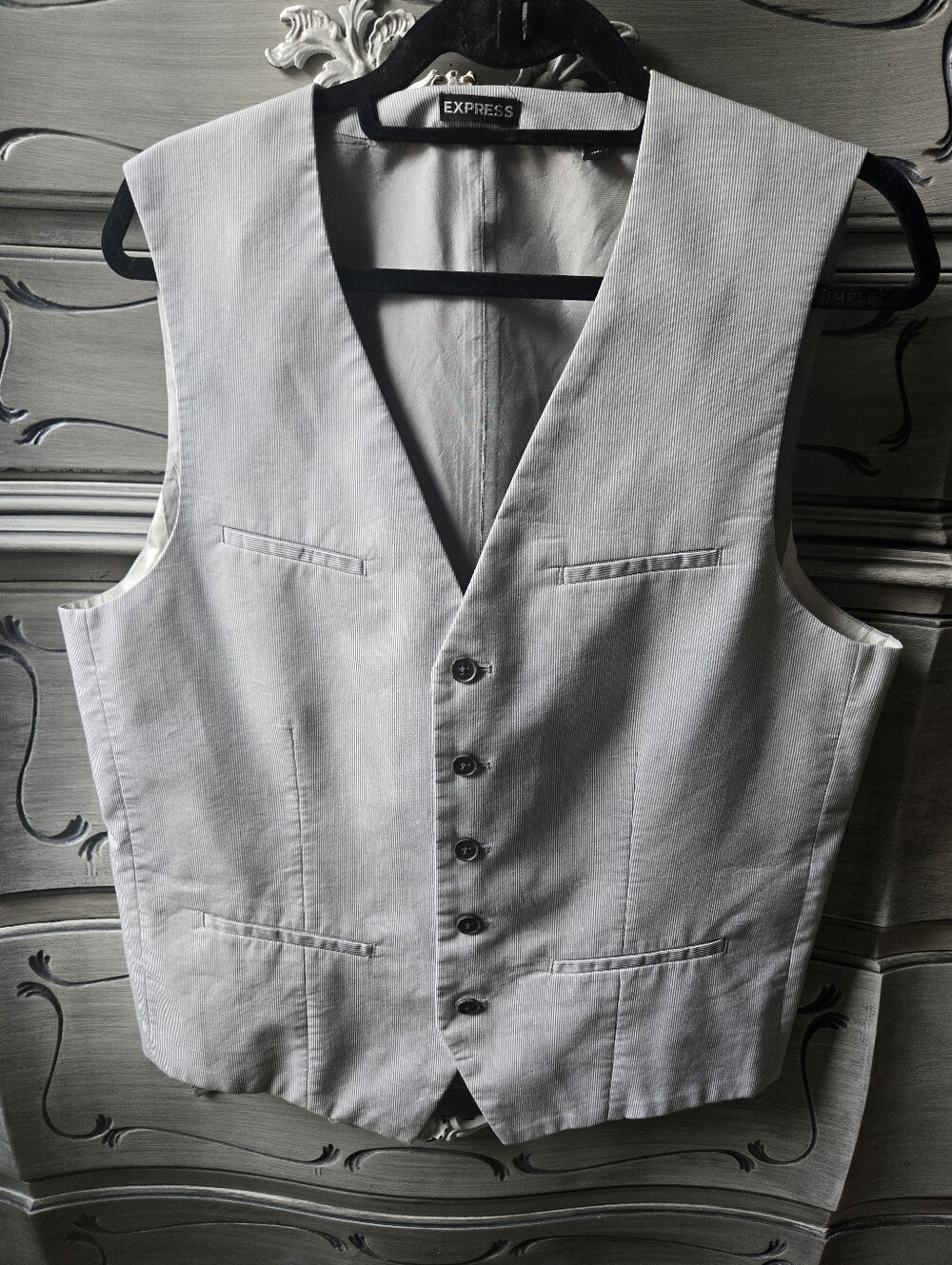 Express Men's Light Gray Striped Button Vest
